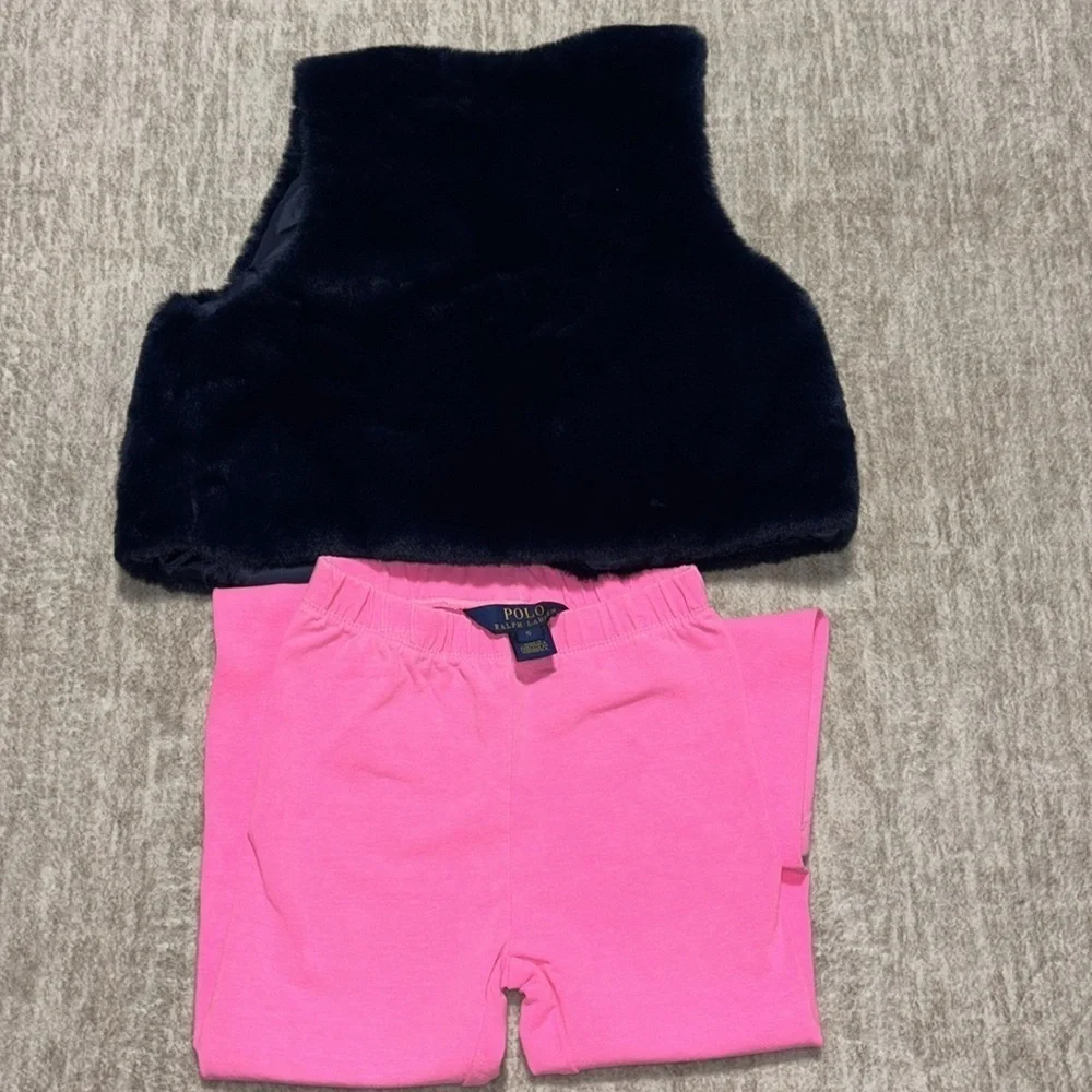 4T/5 Girl outfit Crown & Ivy faux fur vest navy pink Polo Ralph Lauren leggings